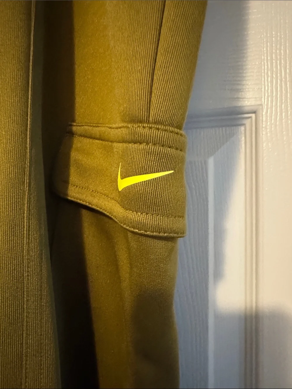 Nike Olive Green Track Ankle Length Joggers with Neon Yellow Swoosh